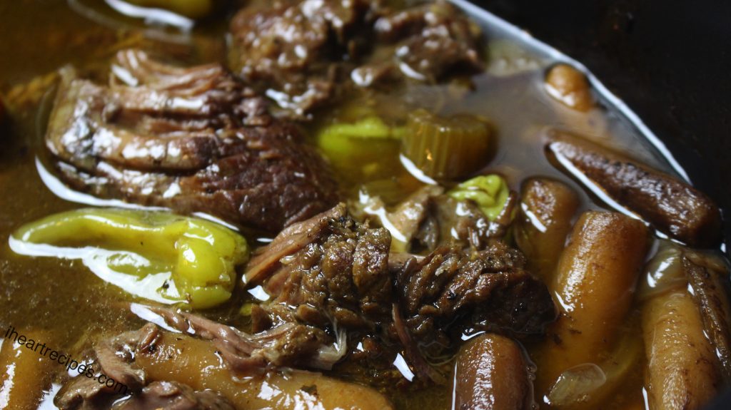 The savory pot roast broth gives the meat so much flavor in this slow cooked dish