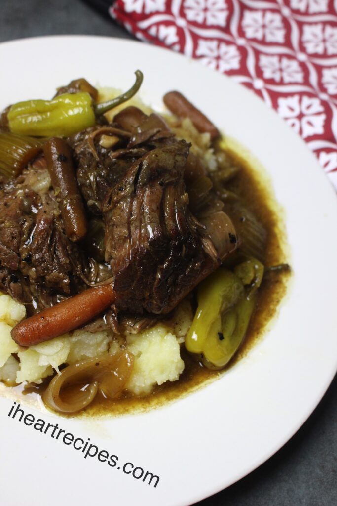 Serve this Mississippi Pot Roast over a bed of mashed potatoes with veggies