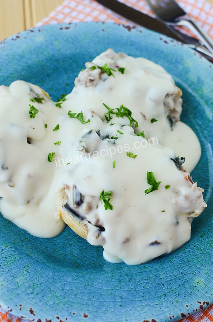 This white gravy is creamy, delicious and so easy! Try Sausage and Swiss Chard Biscuits and Gravy today.