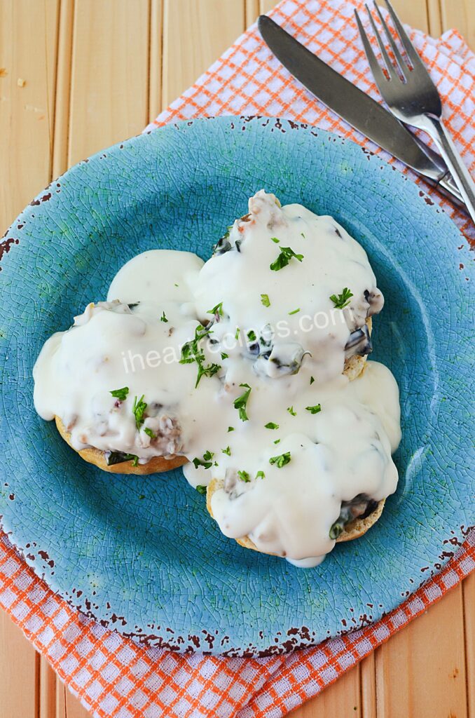 Homemade or canned biscuits can be used for this Sausage and Swiss Chard Biscuits and Gravy recipe!