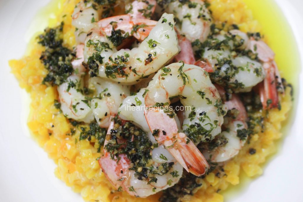 Butternut squash risotto with garlic butter sauteed shrimp 