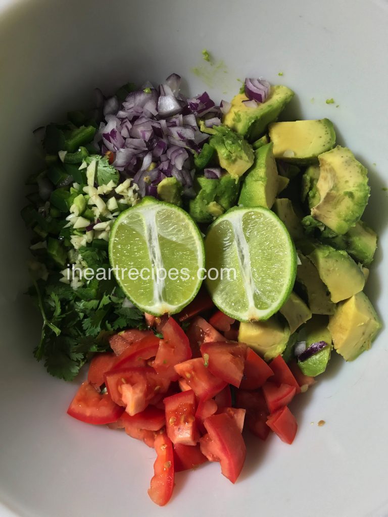 A rainbow of fresh ingredients in the mixing bowl.