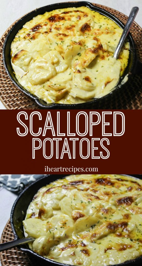 Two images of a skillet filled with cheesy scalloped potatoes with a silver serving spoon.