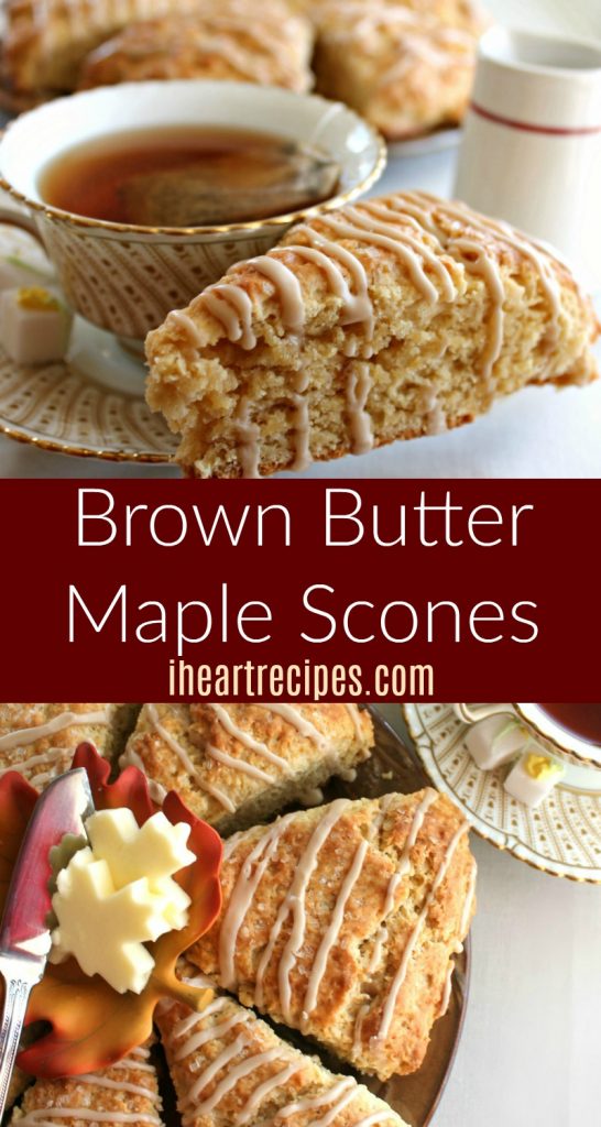 Homemade Brown Butter Maple Scones Recipe. Sweet, moist scones drizzled with a light maple icing paired with a cup of fresh tea.