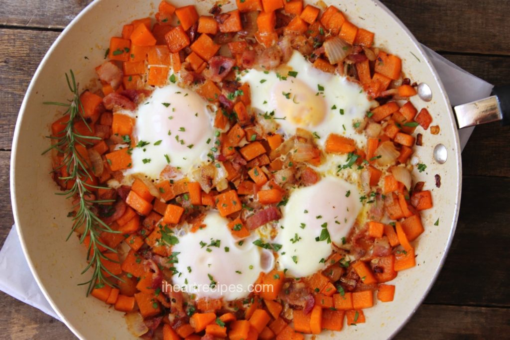 This butternut squash hash with bacon and eggs is a hearty, satisfying breakfast