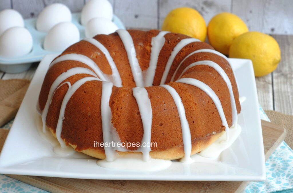homemade lemon pound cake drizzled with a sweet vanilla icing