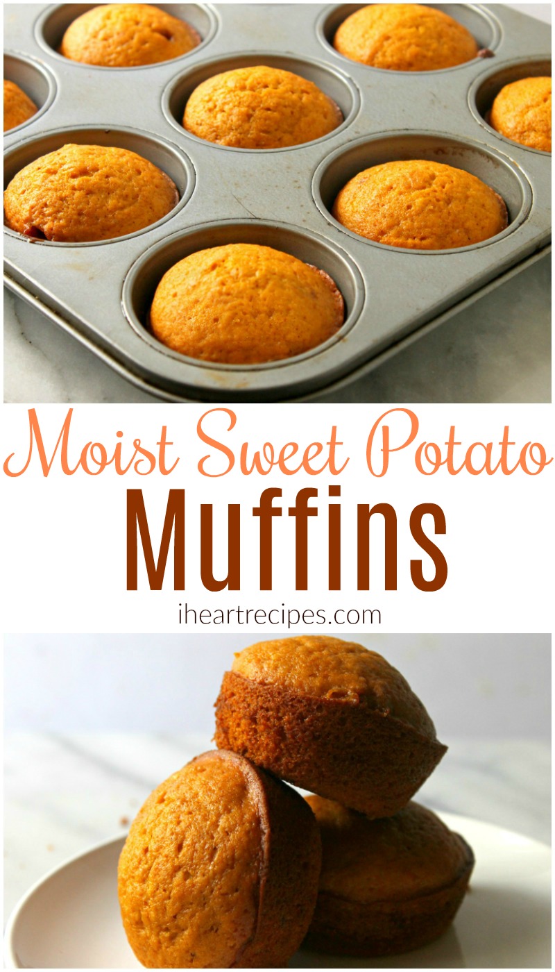 A collage of two images shows a muffin tin filled with freshly baked sweet potato muffins and a stack of three small sweet potato muffins on a white plate. The text in the center of the image reads "moist sweet potato muffins."