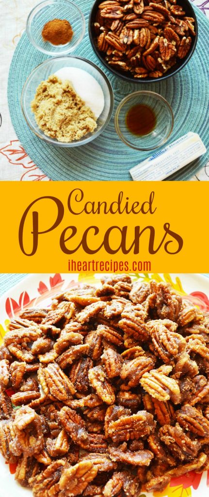 Two images of candied pecans. One with ingredients set out on a round blue mat and the other a heaping pile of candied pecans on a plate. 