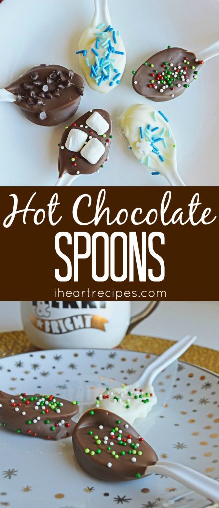 Two images of white chocolate and milk chocolate spoons decorated with festive sprinkles, marshmallows and chocolate chips. Image Text overlay reads "Hot Chocolate Spoons iheartrecipes.com". 