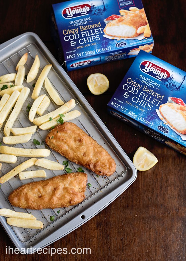 Young's battered cod fillets and chips make this dinner an easy prep, easy clean up weeknight dinner