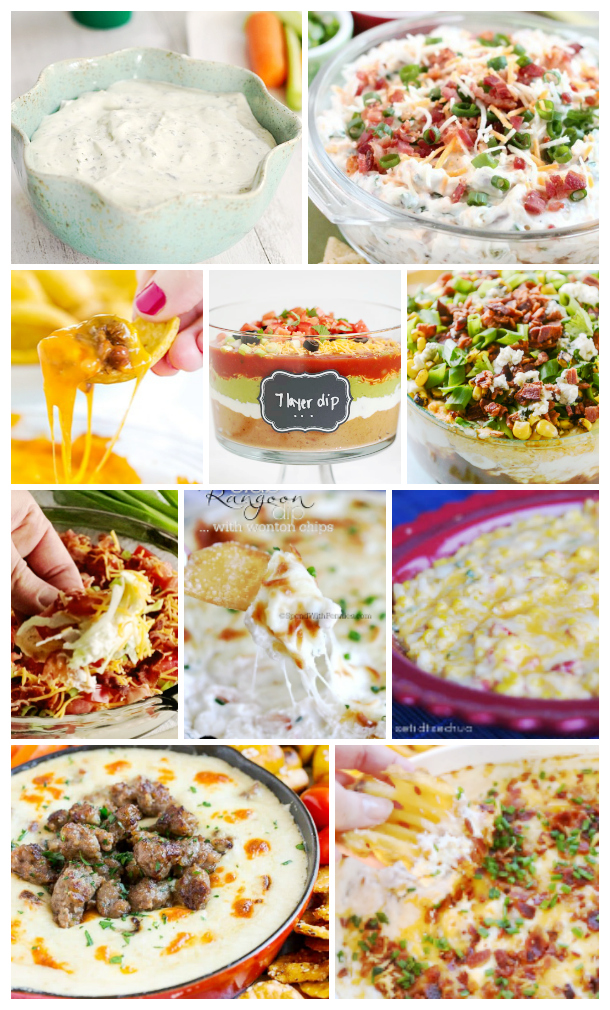 A ten image grid showing various delicious dips to bring on your tailgating party trip.