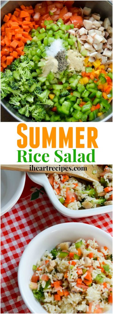 A collage of two images with text in the center. The top image is chopped vegetables and spices together in a bowl, and the bottom image is a white bowl filled with a helping of rice salad served on a table with a red and white gingham tablecloth.