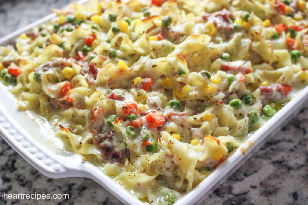Creamy corned beef casserole is packed with vegetables and a creamy sauce