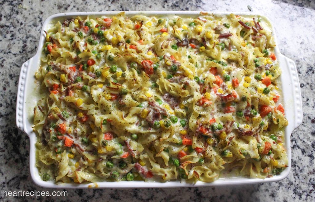 Homemade corned beef casserole with cheese and vegetables