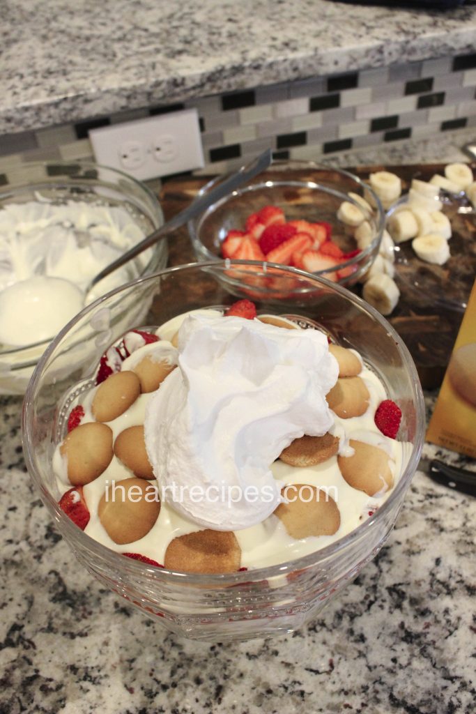 Dollops of sweet whipped cream on top of vanilla wafer cookies makes this one delicious, giant pudding parfait.