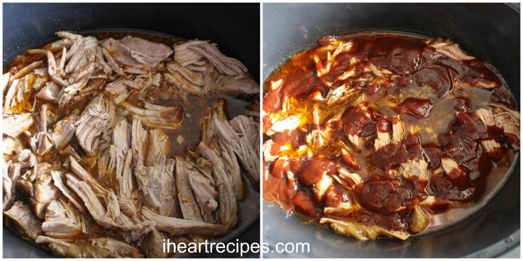 Shredded tender pork and tangy BBQ sauce simmering in a slow cooker. 