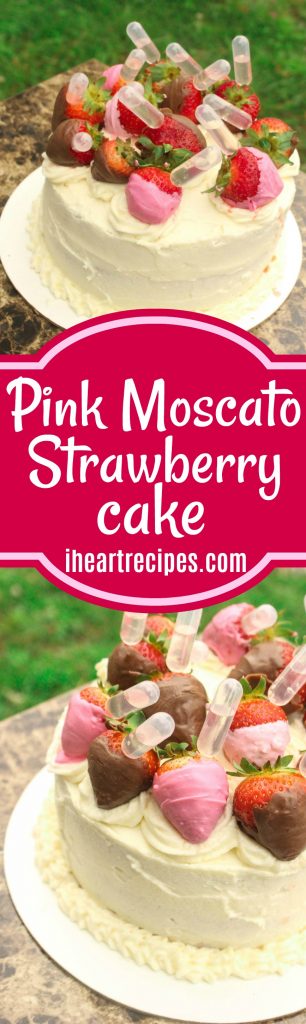 Pink Moscato Strawberry Cake with Chocolate Covered Strawberries from I Heart Recipes