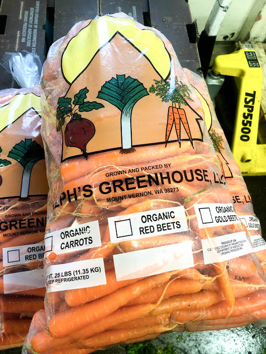 Freshly packed carrots from Ralph's Greenhouse, a local farm in Mount Vernon, Washington