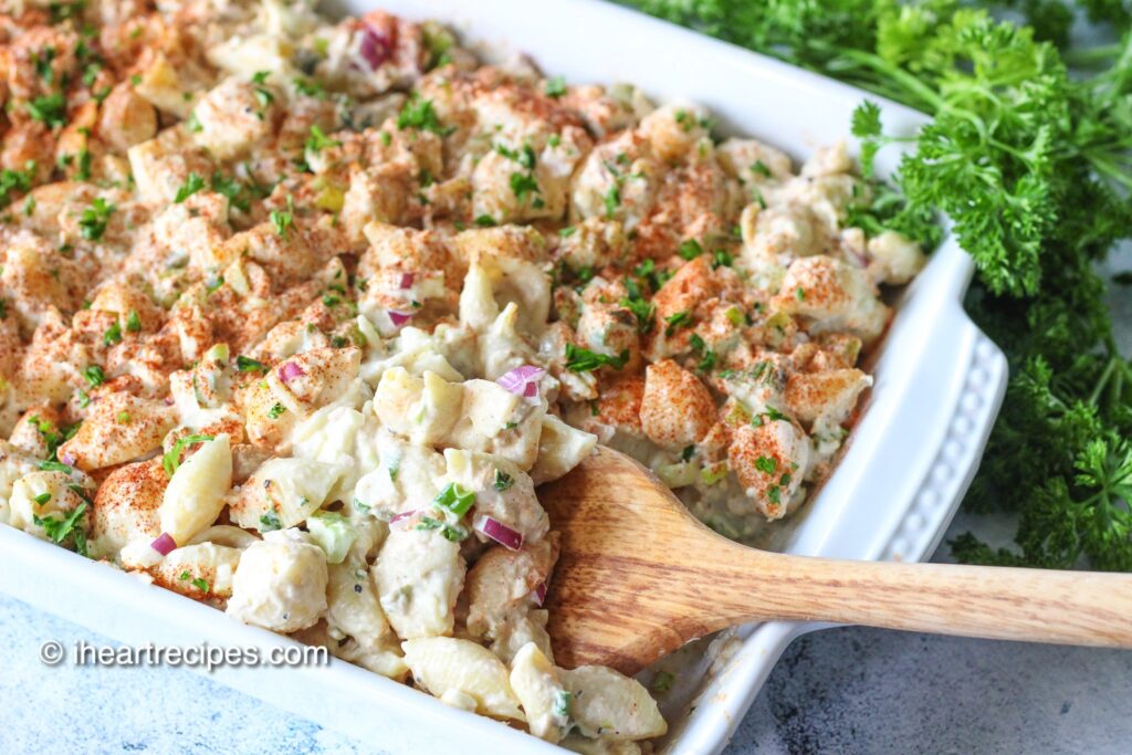 Tuna macaroni salad is a quick and delicious summer salad recipe that's perfect for potlucks and picnics.
