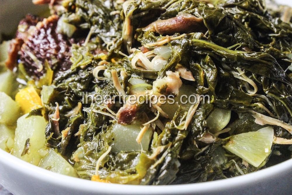 Delicious turnip greens with smoked turkey and cabbage.