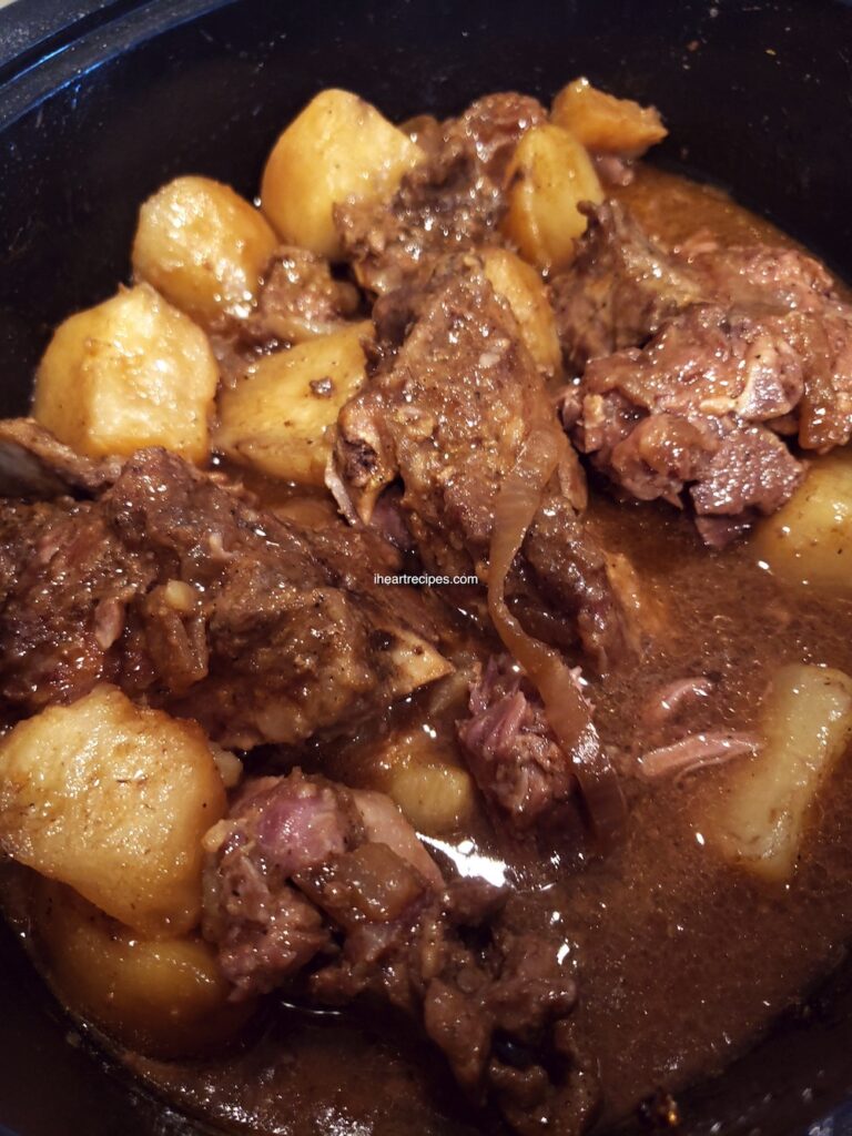 Tender neck bones slow cooked with potatoes and gravy.