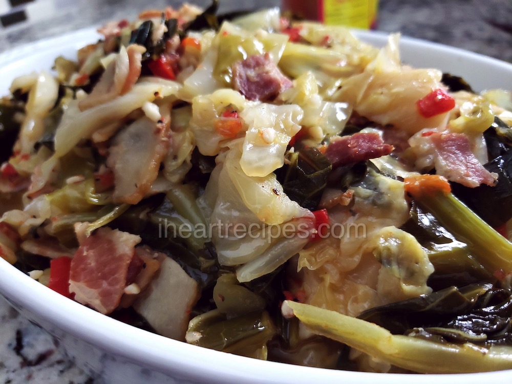 Tender cabbage and collard greens sauteed with onions, garlic, and crisp bacon