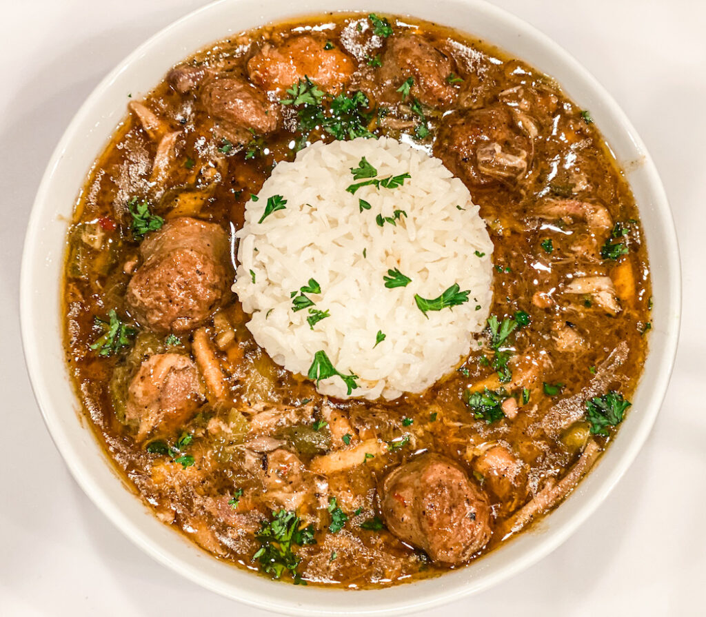 this delicious chicken and sausage gumbo is a hearty meal that only needs a few ingredients