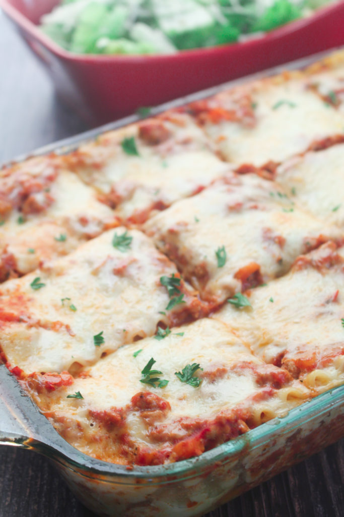 This homemade lasagna is made with ground turkey, mozzarella cheese, fresh crushed tomatoes, and Italian herbs and spices