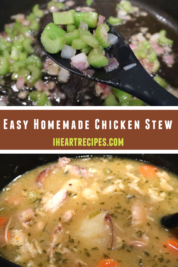 Two images showing the ingredients of Easy Homemade Chicken Stew. One image is a spoonful of tender celery and onions. The other image is a slow cooker full of golden chicken stew. 