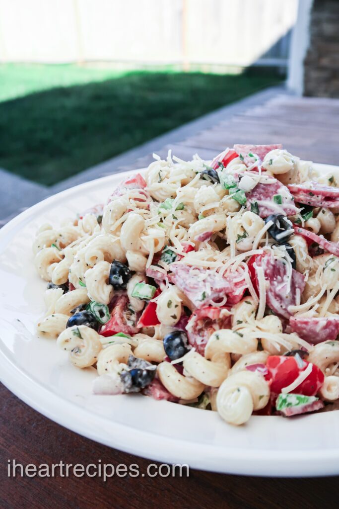 Creamy and delicious Italian pasta salad is perfect for summer - packed with veggies, creamy Italian dressing, and tender pasta.