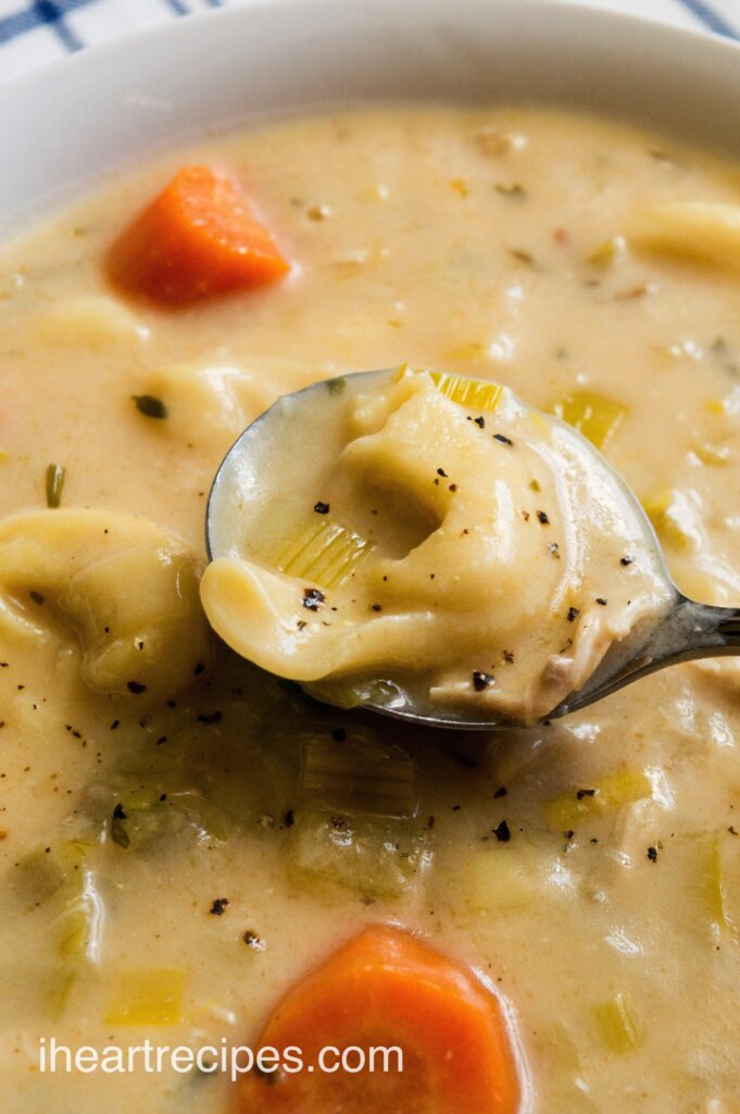 A close up image of a single piece of Tortellini pasta spooned from a bowl of creamy Chicken Tortellini soup.