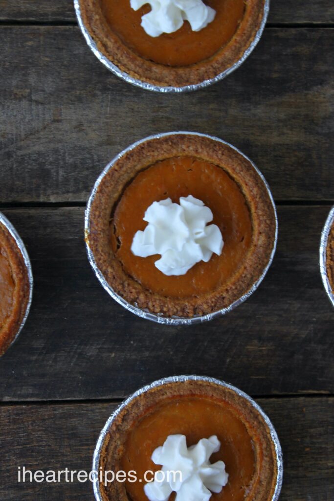 Top your personal pumpkin pies with a dollop of whipped cream for the ultimate sweet Fall dessert.