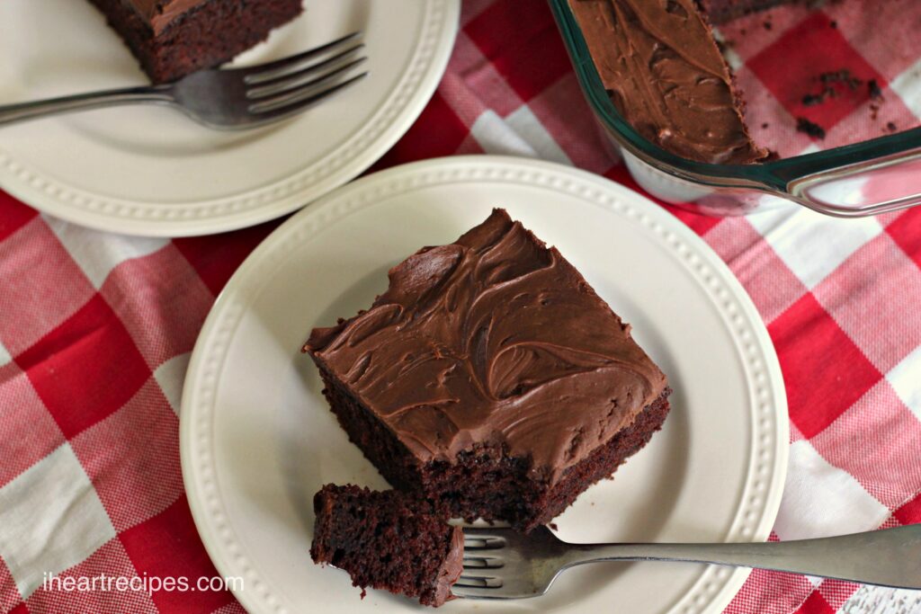 Enjoy a slice of moist sour cream chocolate cake with a homemade chocolate frosting.