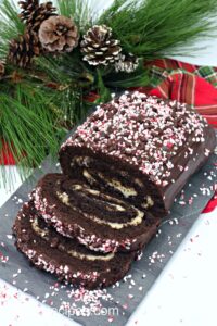 Chocolate peppermint Swiss roll with peppermint buttercream, chocolate peppermint ganache, and crushed peppermint candies.