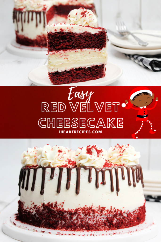 Two stacked images of red velvet cheesecake. The top image of a slice of red velvet cheesecake and the bottom of a side view of the whole, uncut cheesecake. In the middle of the collage is text that reads "easy red velvet cheesecake" with a dancing cartoon elf.