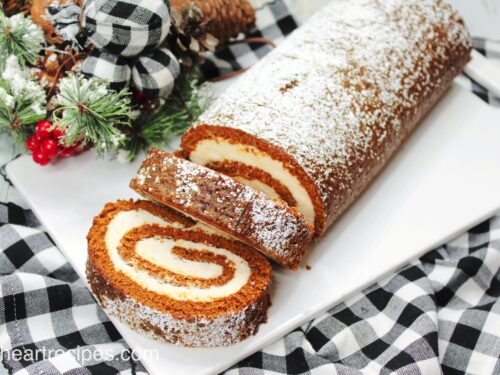 Homemade gingerbread swiss roll cake with maple buttercream filling