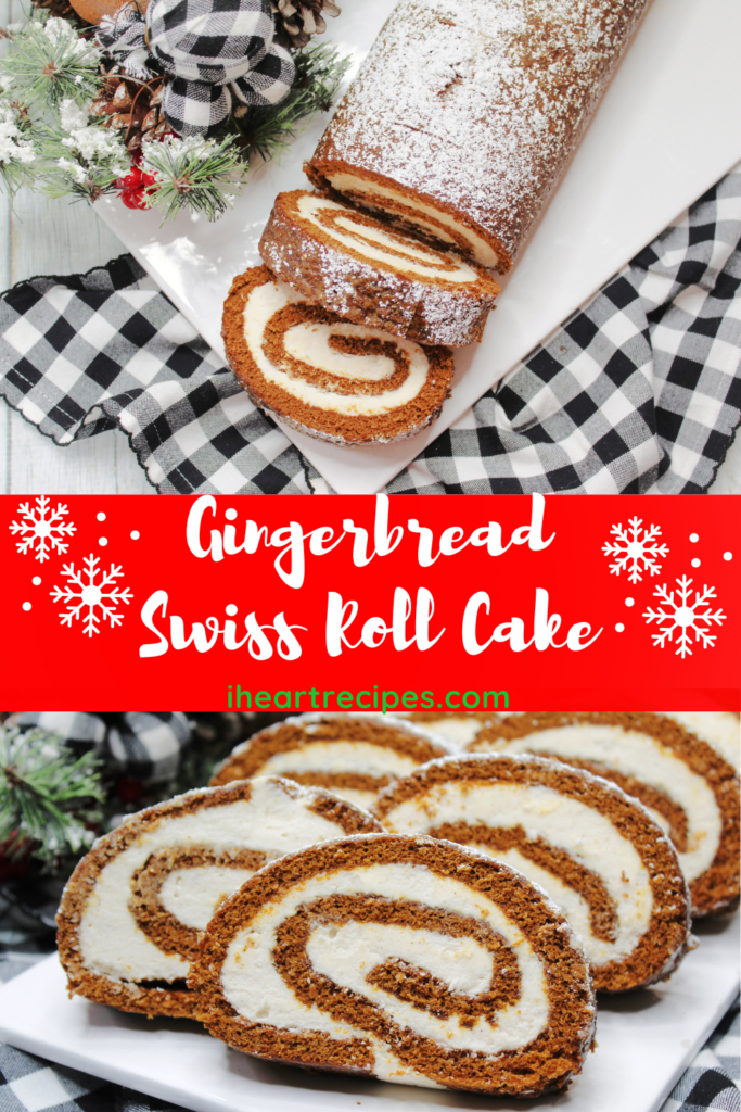 Two images of homemade gingerbread Swiss roll cake with maple frosting. White text on a red background reads "gingerbread swiss roll cake from I Heart Recipes.com"