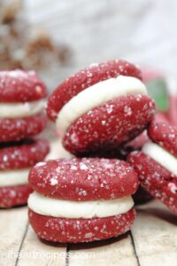 Homemade red velvet cookie sandwiches.