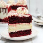 A slice of homemade red velvet cheesecake.
