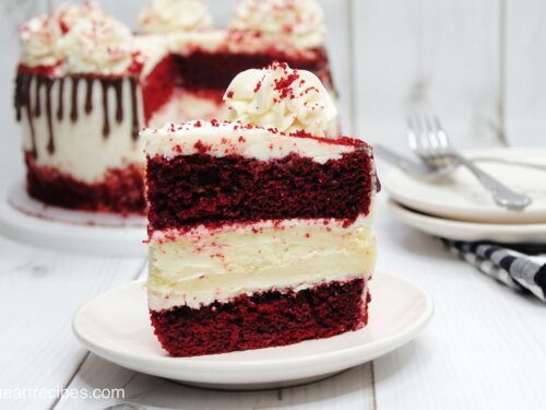 A slice of homemade red velvet cheesecake.