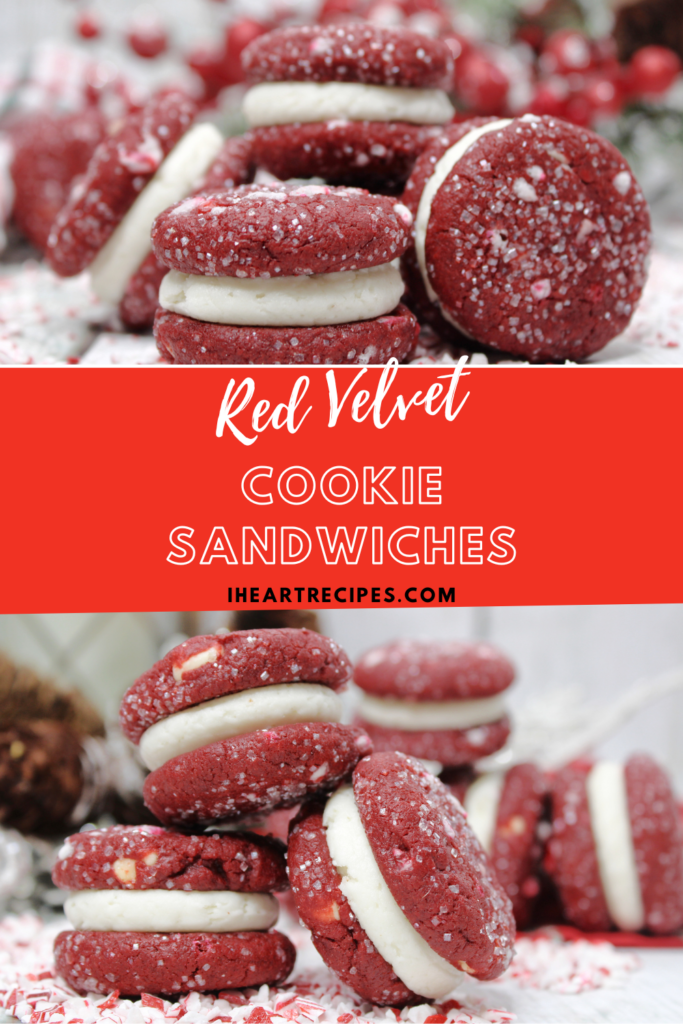 Stacked images of red velvet cookie sandwiches. Image text on a red background reads "red velvet cookie sandwiches from I Heart Recipes"