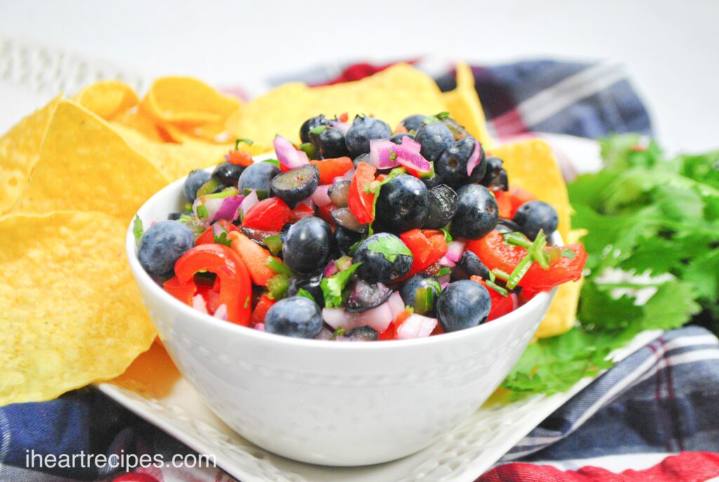 Fresly made blueberry salsa - a zesty mix of onions, peppers, cilantro, and blueberries - served in a small white bowl with tortilla chips.