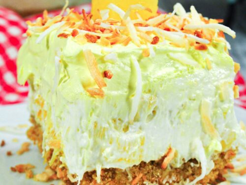 A slice of no-bake pina colada cheesecake.