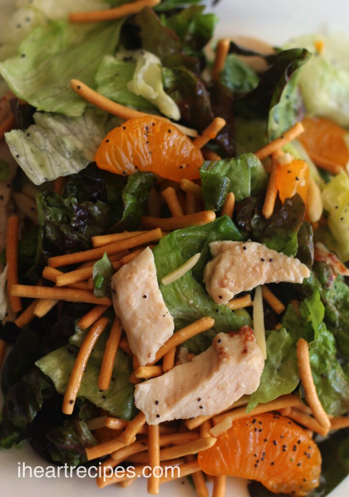 Tender chunks of chicken, bright mandarin oranges, crispy chow mein noodles and slivers of crunchy almonds are tossed with fresh lettuce and creamy dressing. 