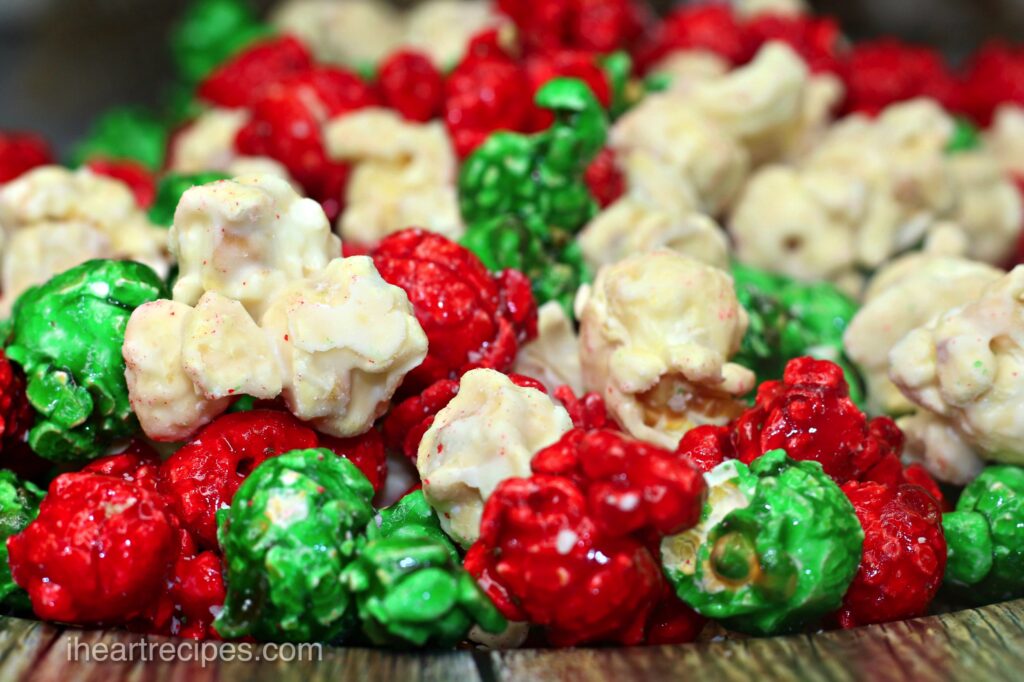 Festive Christmas Popcorn in colors of red, green and white.