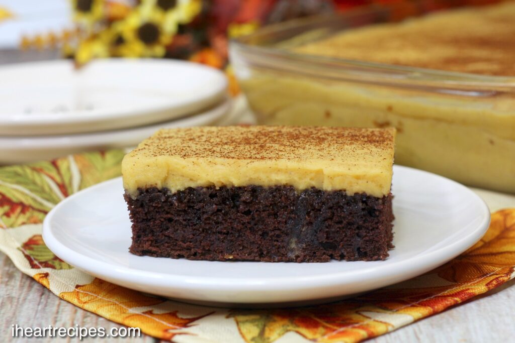 A big slice of Pumpkin Chocolate Texas Sheet Cake served on a white plate. 