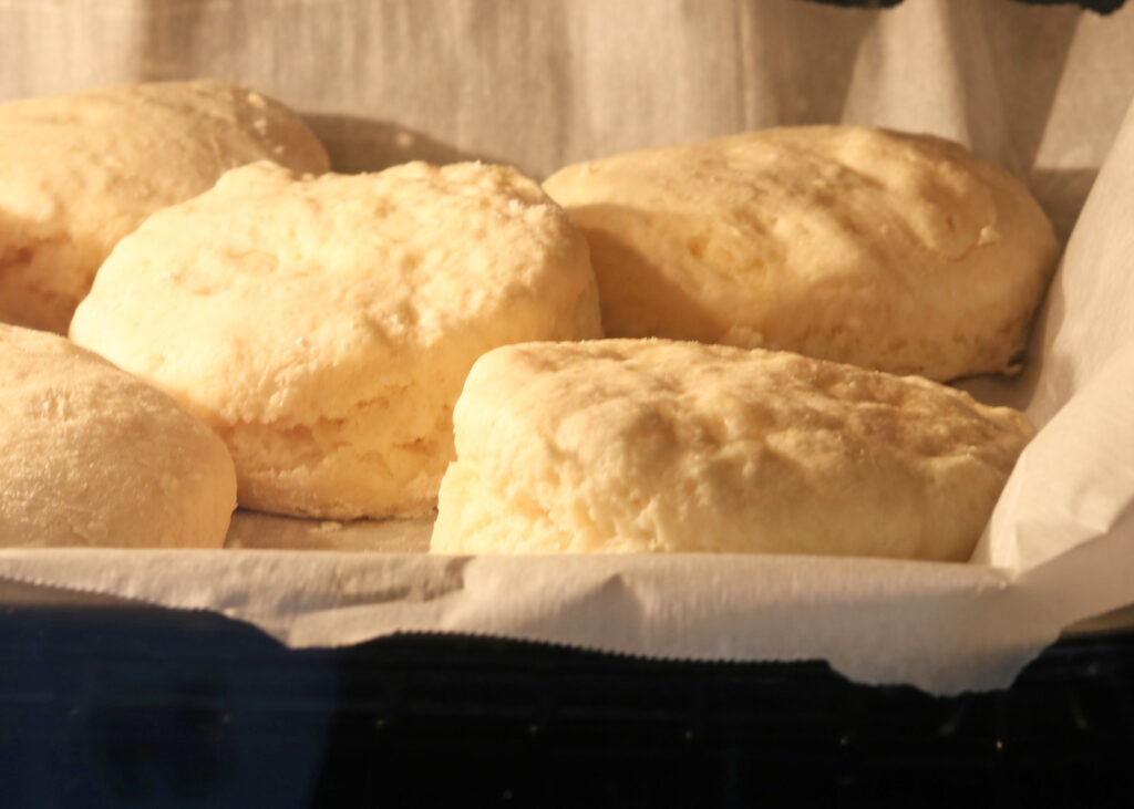 Five biscuits rising in a parchment-lined bake dish.