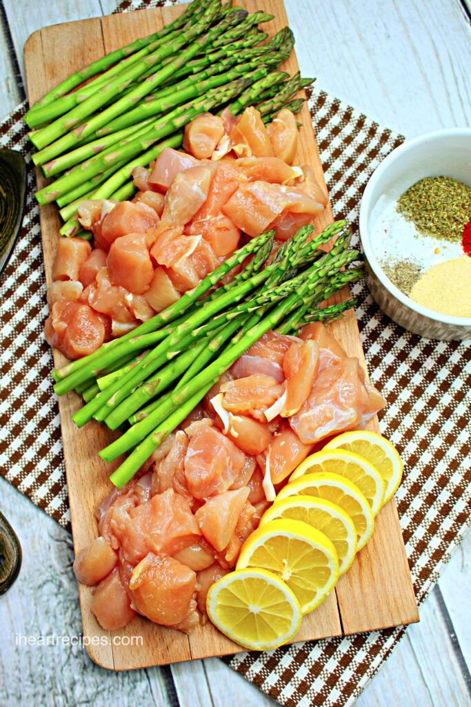 Fresh ingredients needed for Sheet Pan Italian Lemon Chicken and Asparagus.