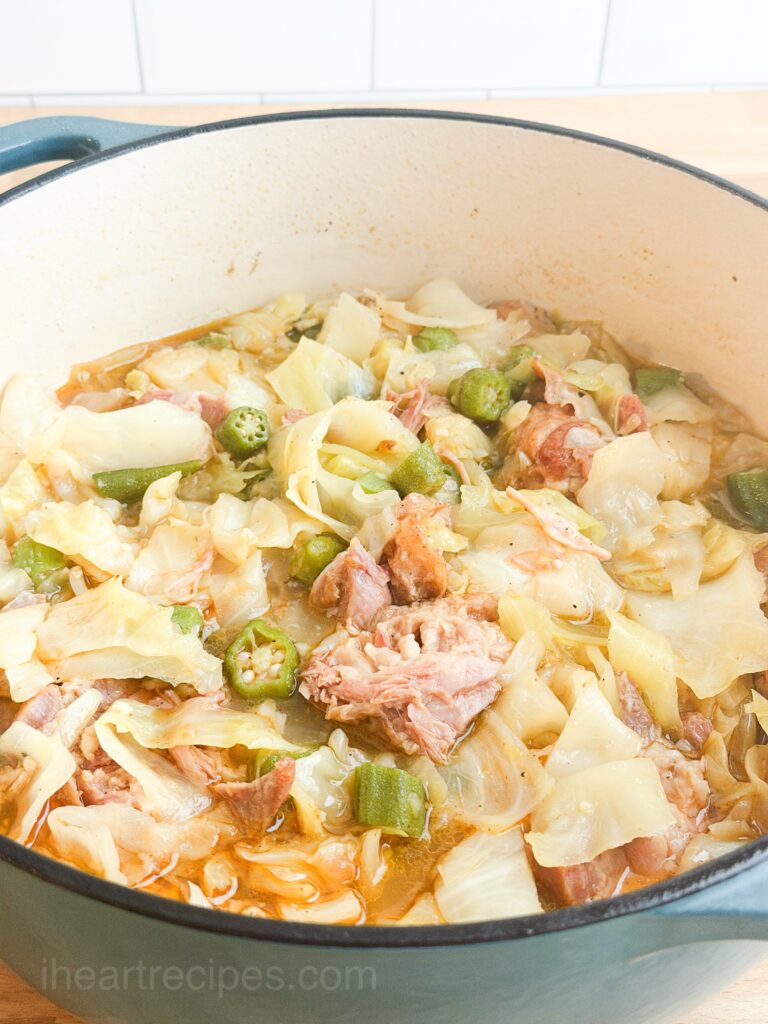 A close up of this cabbage and okra dish.
