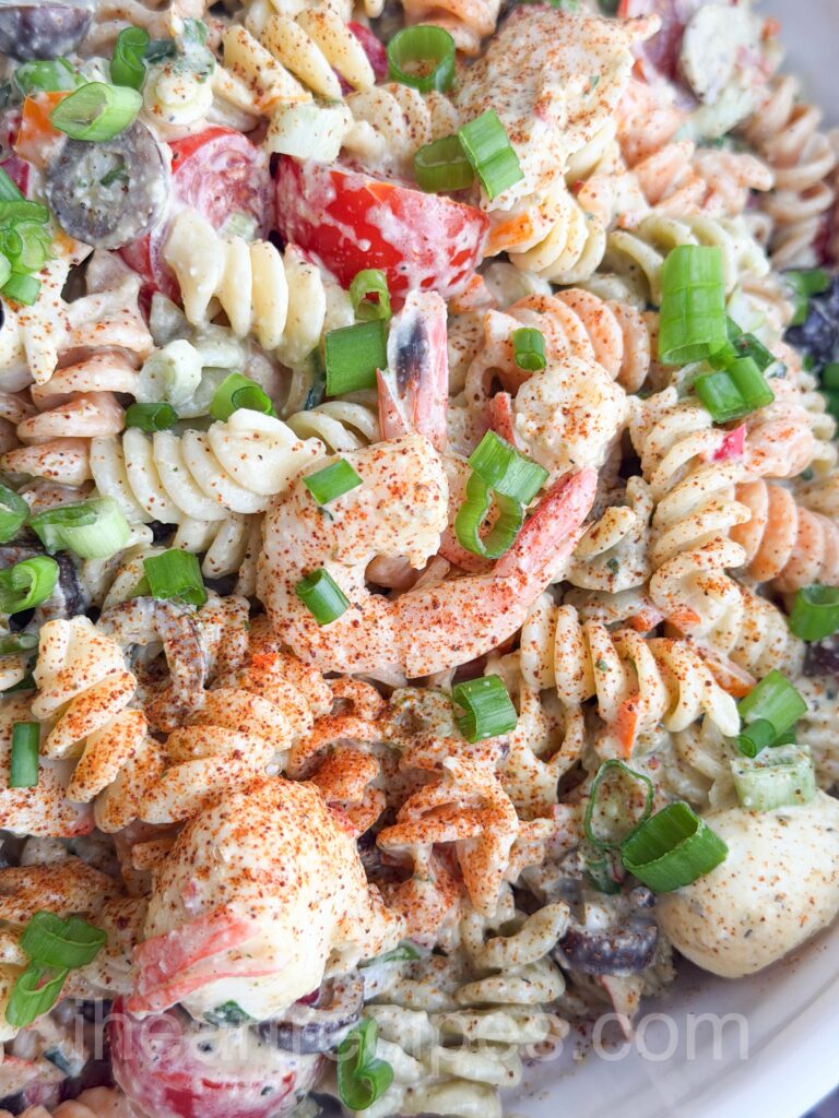 An overhead of seafood pasta salad.